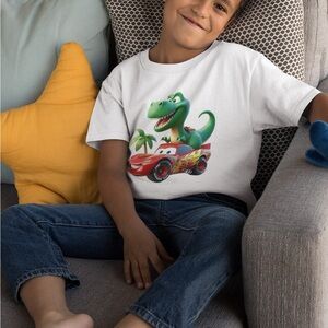Kids White Dino & Red Race Car Graphic T-Shirt